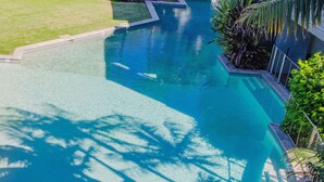 Une piscine au design incurvé, entourée d’une pelouse bien entretenue et de plantes tropicales.