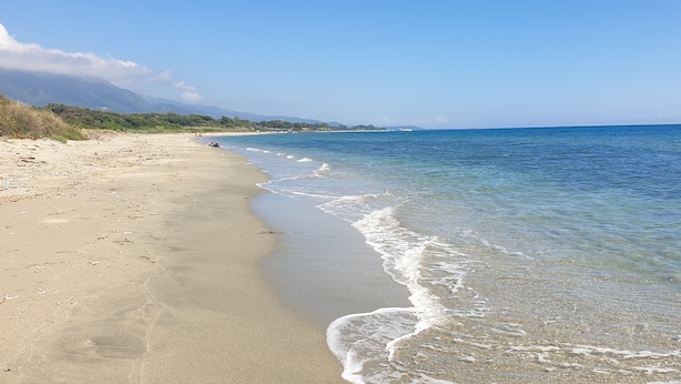 A beach with clear water, a sandy shore, and distant mountains. - Studio Bird de mer (Canale-di-Verde)