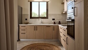 Une cuisine moderne avec des meubles en bois, une grande fenêtre, un four encastré et un tapis tissé.