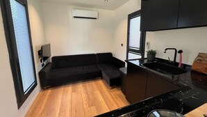 A compact kitchen with a black countertop, a black sink, and a black sofa. - Tiny House in Netherlands with Garden (Lathum)