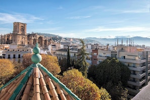 A cityscape with a prominent historical building in the background, modern buildings in the foreground, and a clear sky. - The Alba Suite (Granada)