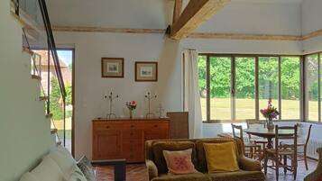 Télévision, cheminée, table de tennis de table