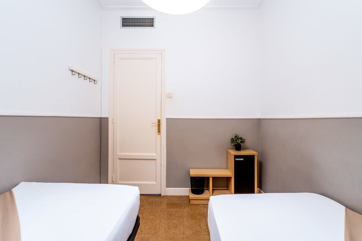 Una habitación pequeña y limpia con dos camas individuales, un banco de madera, una mesita con una planta y una puerta blanca.