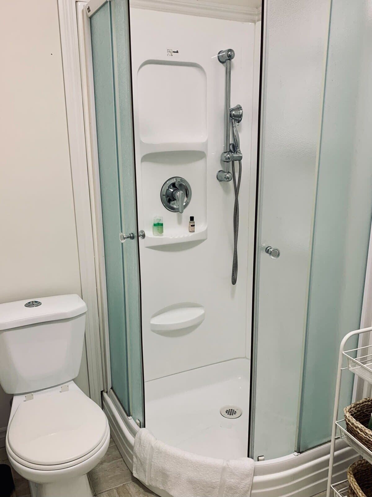 Shower, hair dryer, shampoo