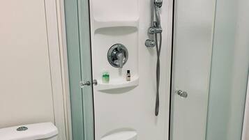 Shower, hair dryer, shampoo