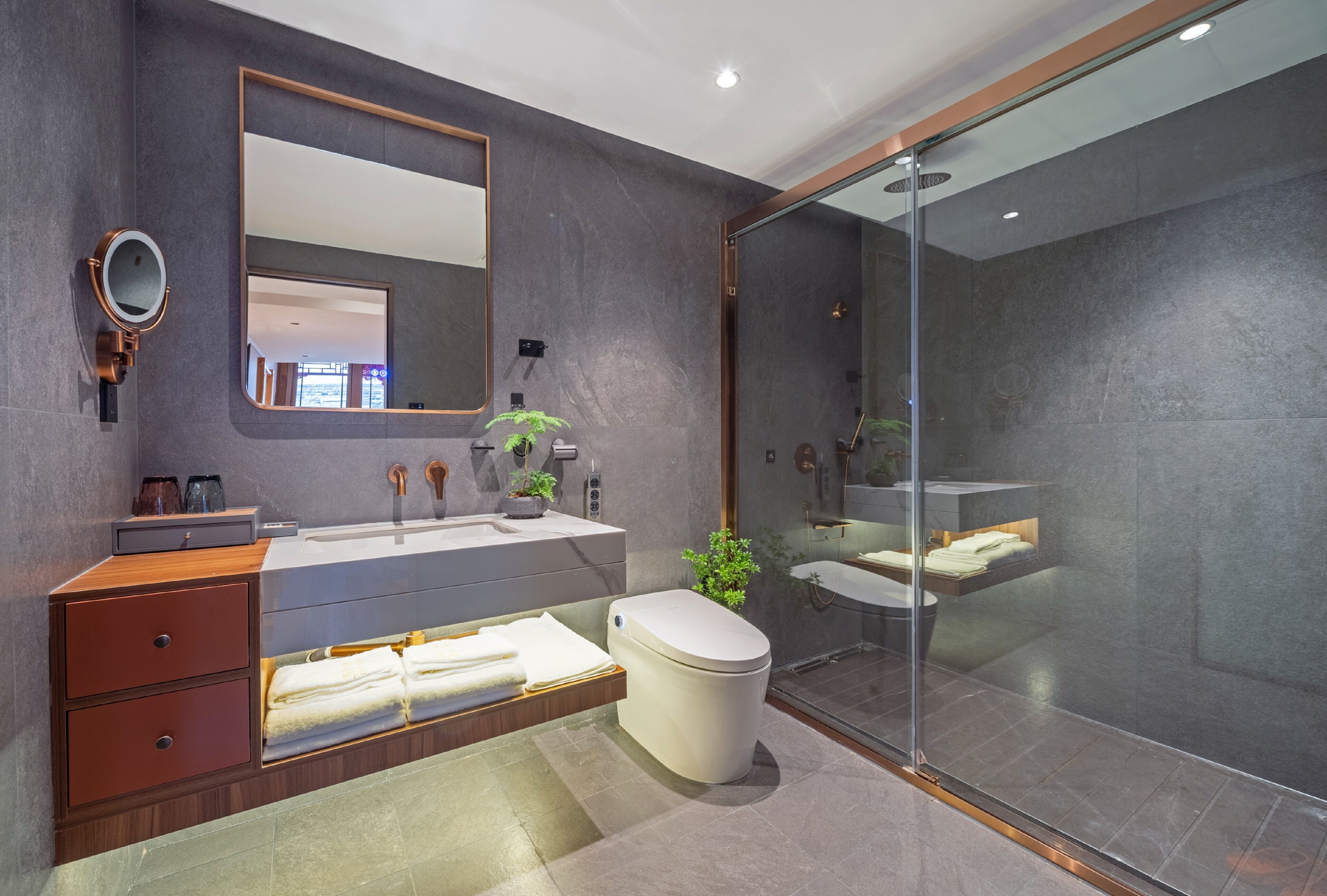 A modern bathroom with a glass-enclosed shower, a vanity with a mirror, and a toilet.