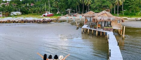 A wooden pier extending into a body of water with a backdrop of lush greenery and a mountain.