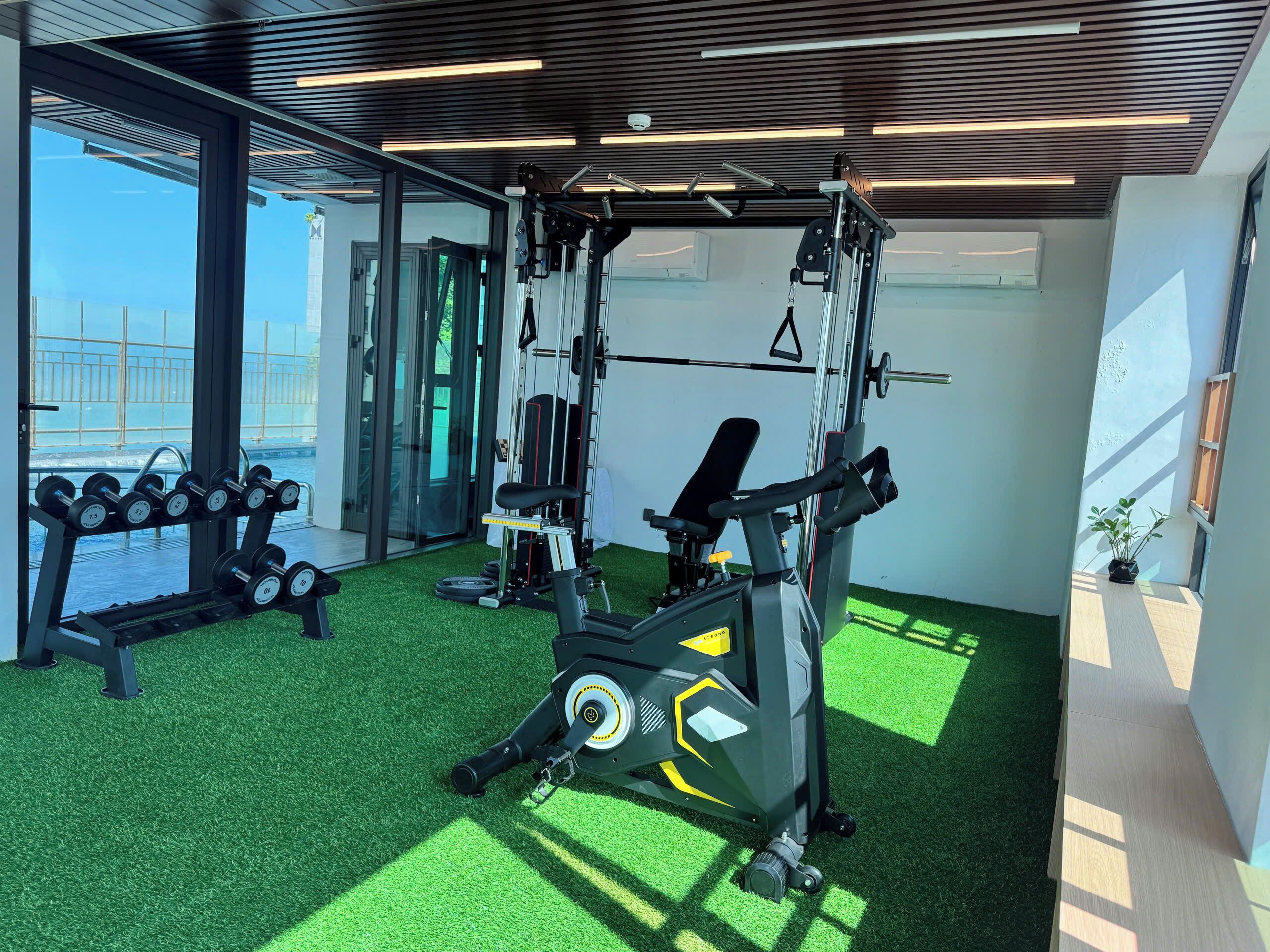 A gym with exercise equipment, a weight bench, and a wall-mounted squat rack.