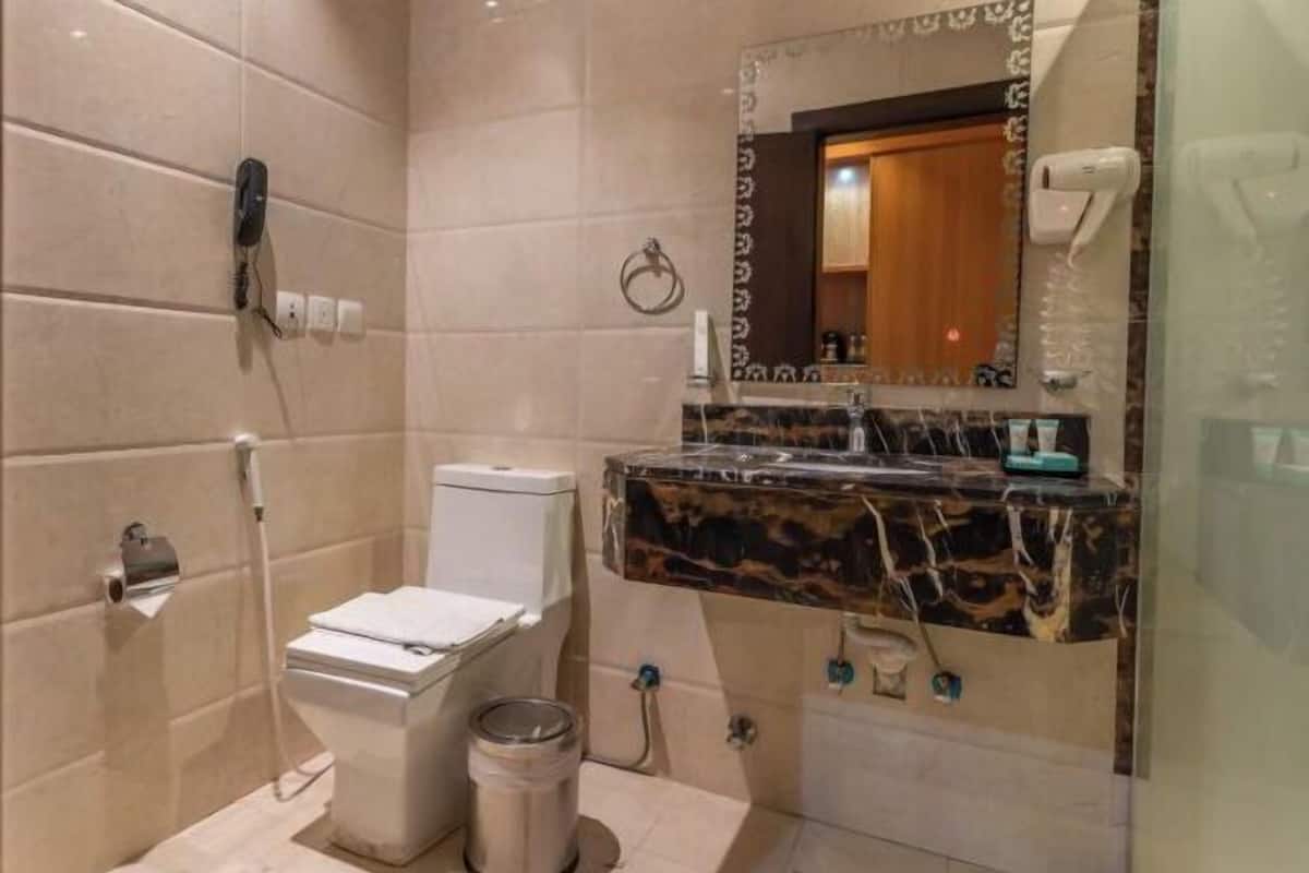 Une salle de bain équipée d’un WC, d’un lavabo, d’un miroir et d’un porte-serviettes.