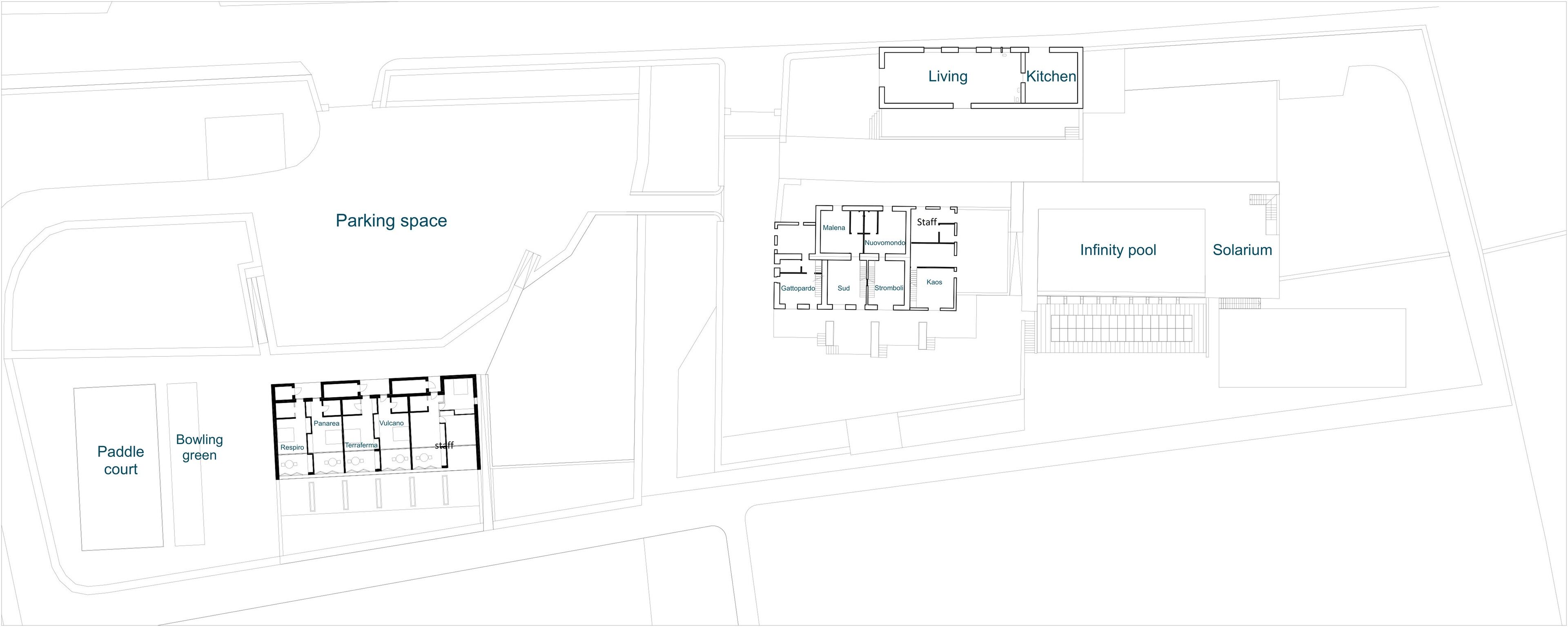 A floor plan with labeled areas such as a living room, kitchen, infinity pool, solarium, staff rooms, and a paddle court.
