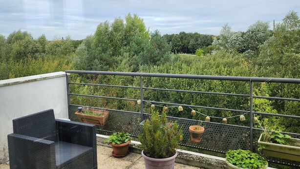 A rooftop terrace with outdoor furniture, potted plants, and a view of the surrounding greenery.