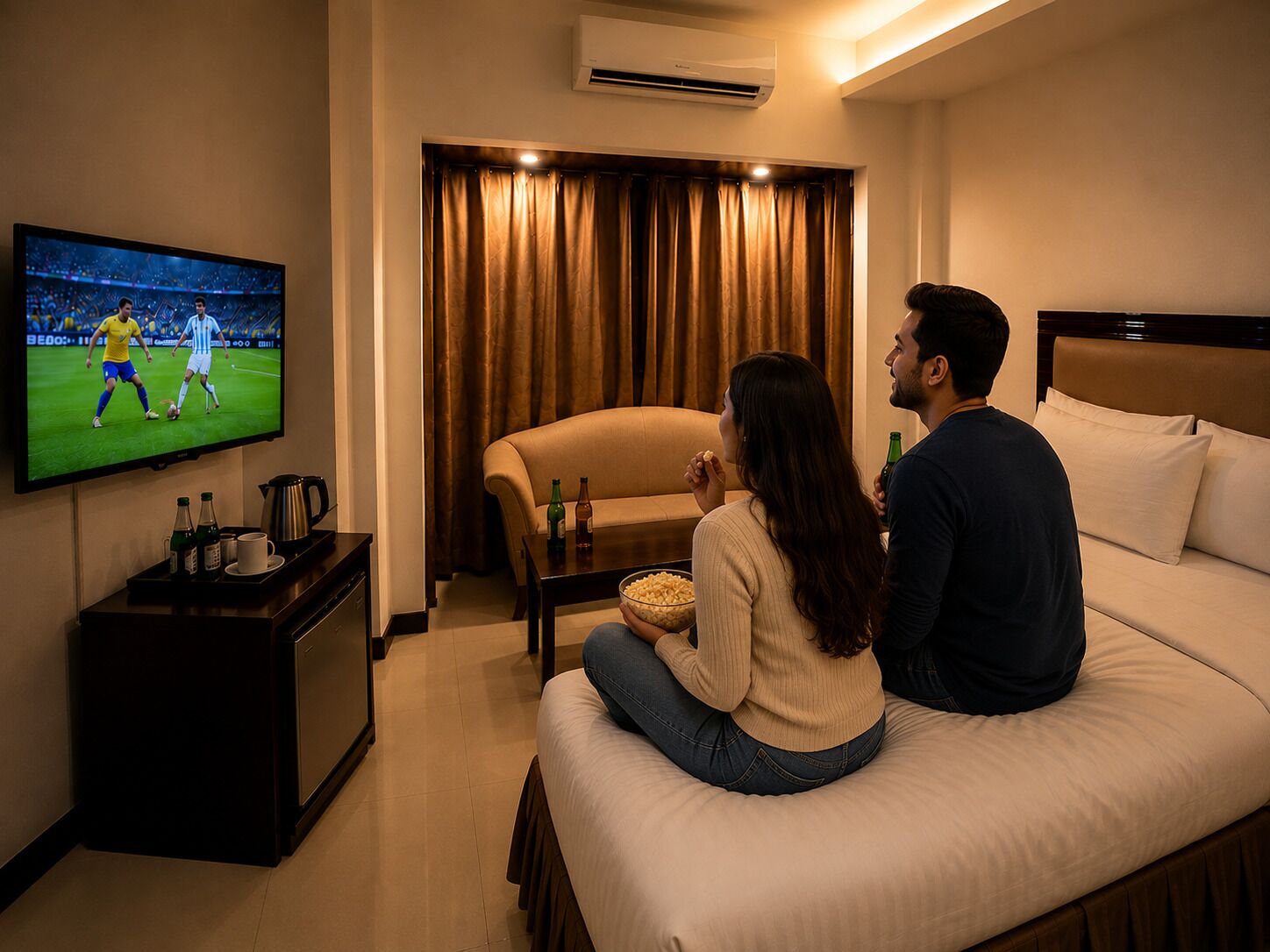 Habitación de hotel con una televisión mostrando un evento deportivo, un sofá, una mesa de centro con aperitivos y un equipo de aire acondicionado.