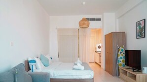Une chambre à coucher moderne avec un lit, un canapé, une télévision et une armoire.