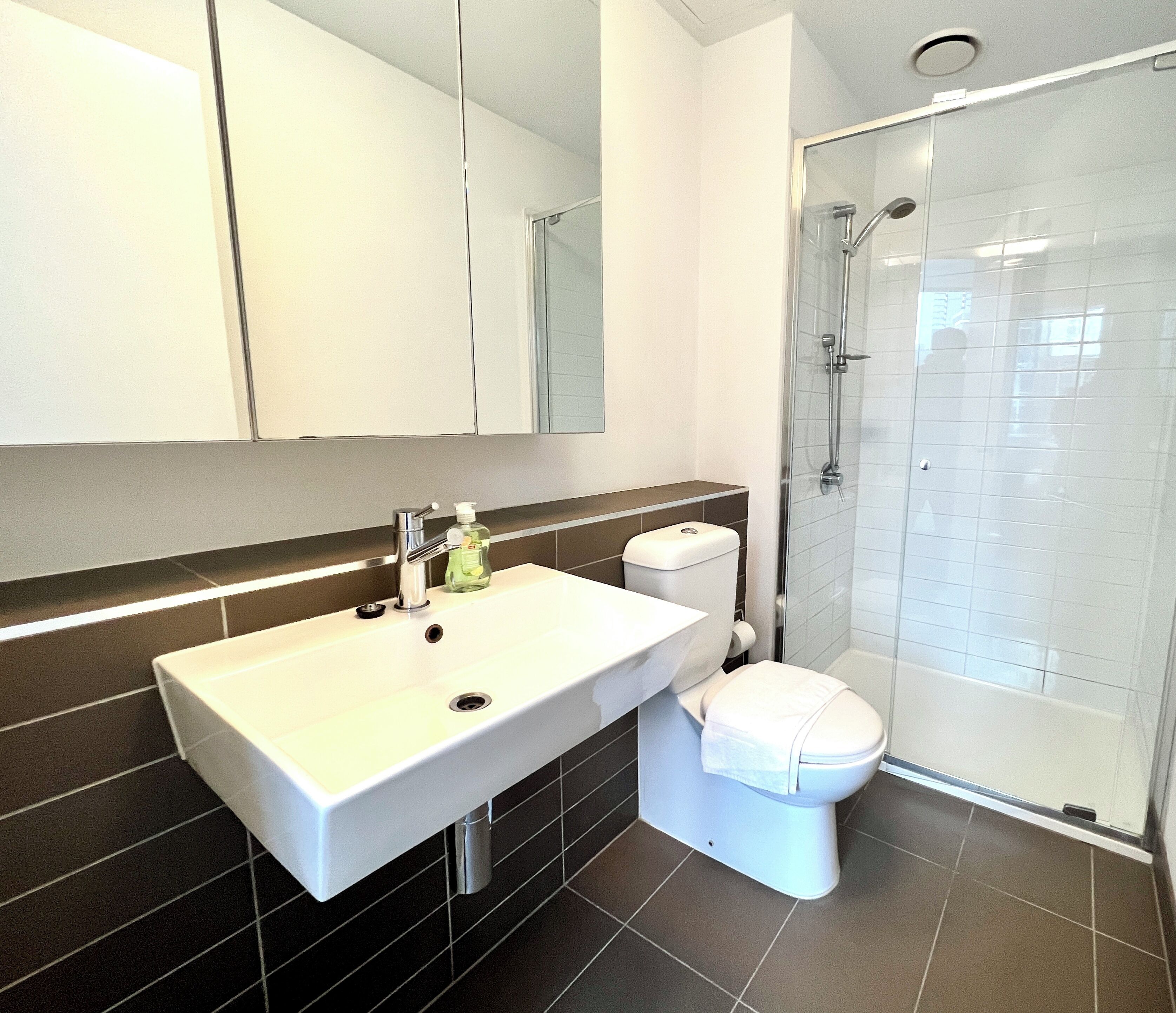A modern bathroom with a white sink, toilet, and glass shower enclosure.