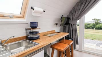 Fridge, electric kettle, cookware/dishes/utensils