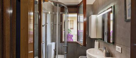 Shower, hair dryer, bidet, towels