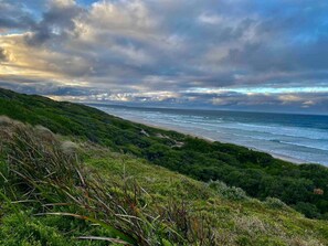 A coastal landscape with a beach and grassy terrain.