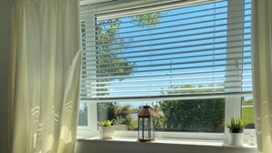 A window with white blinds, a radiator, and two potted plants on the windowsill.
