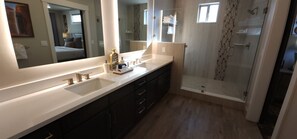 Combined shower/tub, hair dryer, towels