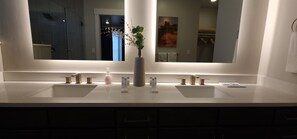 Bañera con ducha, secador de pelo, toallas