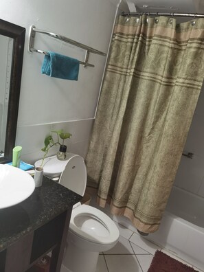 Hair dryer, towels, soap, shampoo