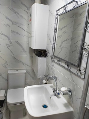 Un baño con inodoro, lavabo y espejo.