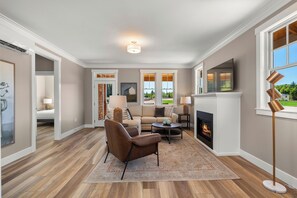 Smart TV, fireplace, books