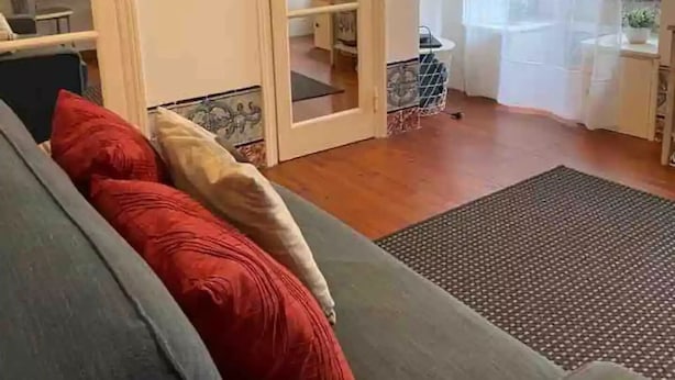 Un salon avec un canapé gris, des coussins rouges et beiges, un plancher en bois et une grande fenêtre ornée de rideaux légers.