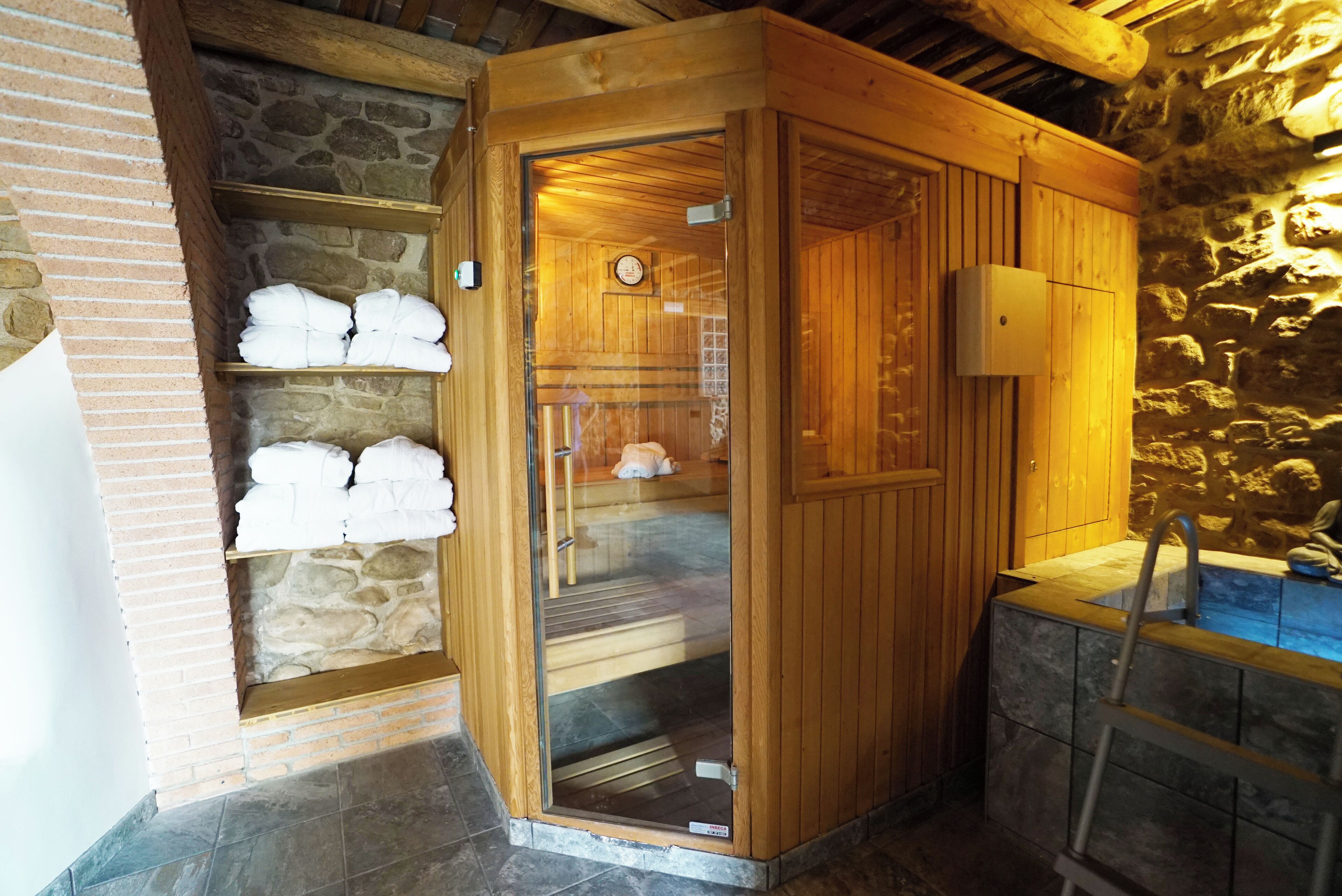 Eine Sauna mit Holzwänden und einer Steinwand, ausgestattet mit einer Glastür, einer Uhr und einem Handtuchhalter.