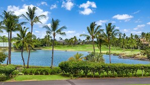 A golf course with a pond, palm trees, and a clear blue sky.