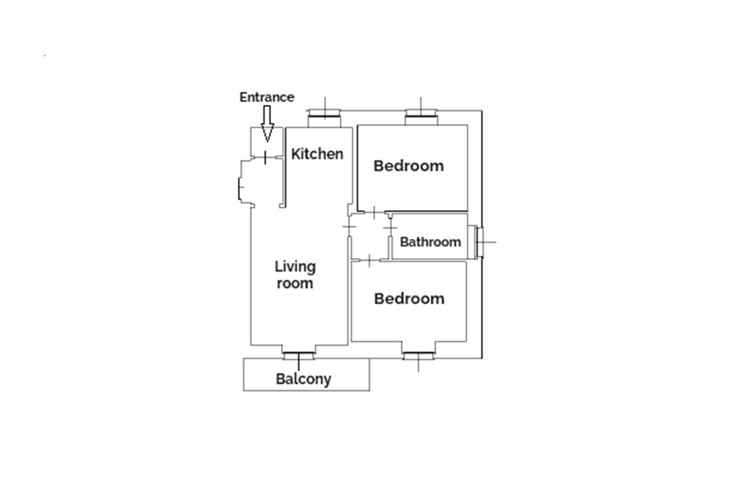 Un plan d’étage comprenant un salon, une cuisine, deux chambres, une salle de bain et un balcon.