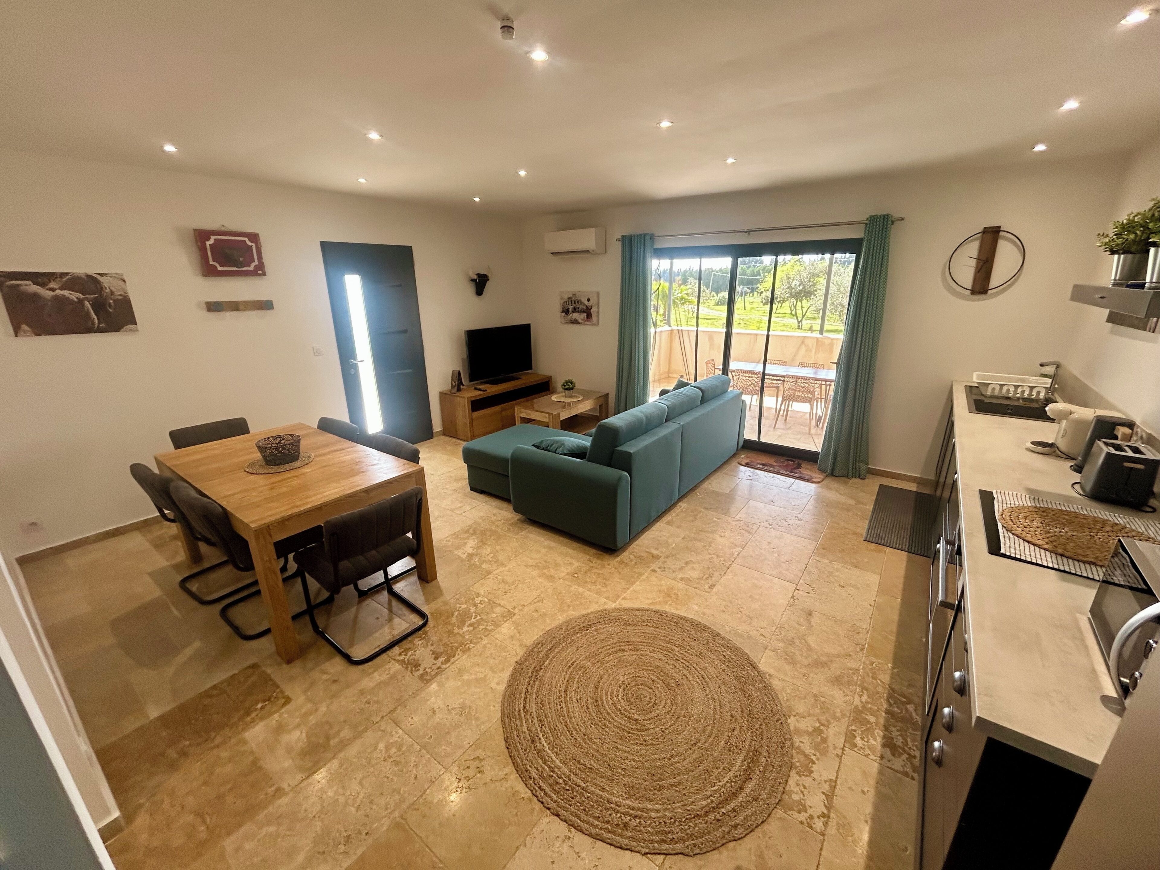 A modern living room with a dining area, a sofa, a TV, and a kitchen area with a sink and stove.