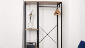 A modern, minimalist room with a built-in shelving unit, a radio, and a vase with flowers.