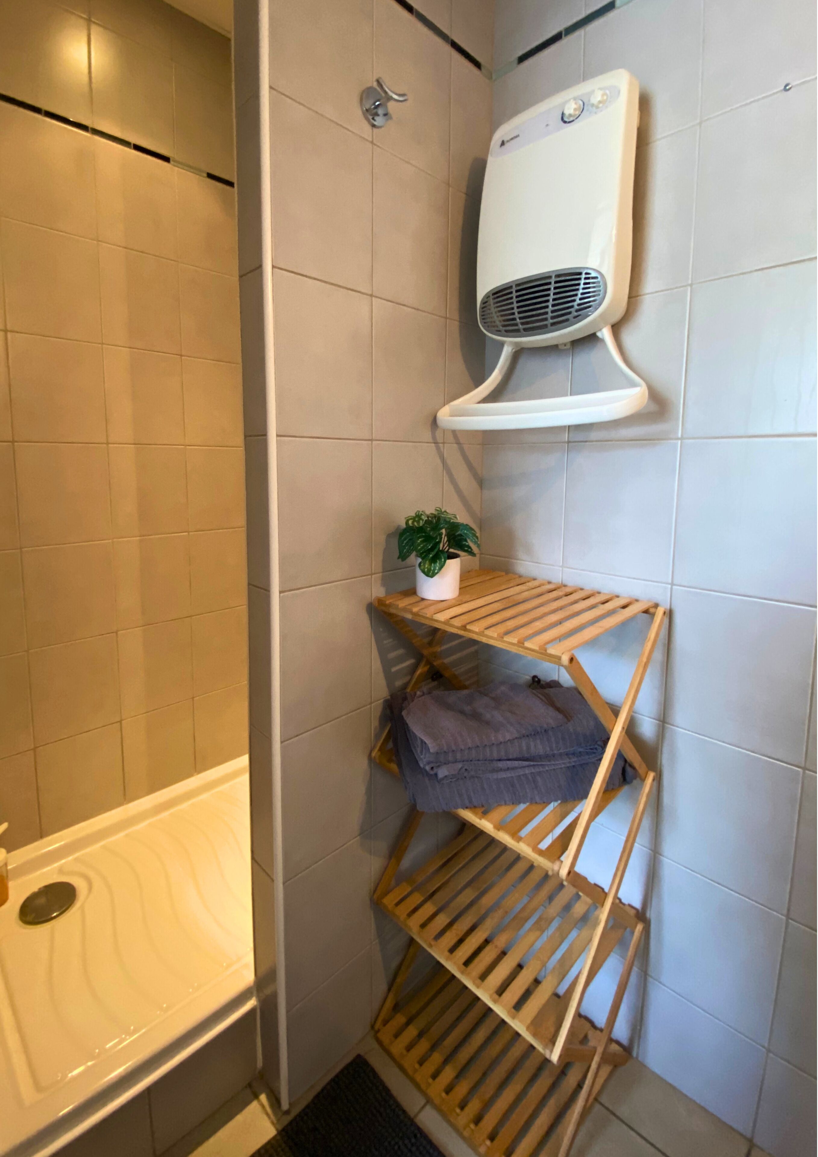 A bathroom with a shower, a white towel rack, a small potted plant, and a white portable heater.