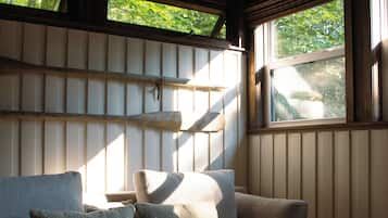 Smart TV, fireplace, books