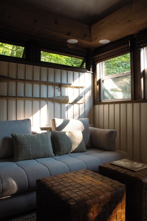 Smart TV, fireplace, books