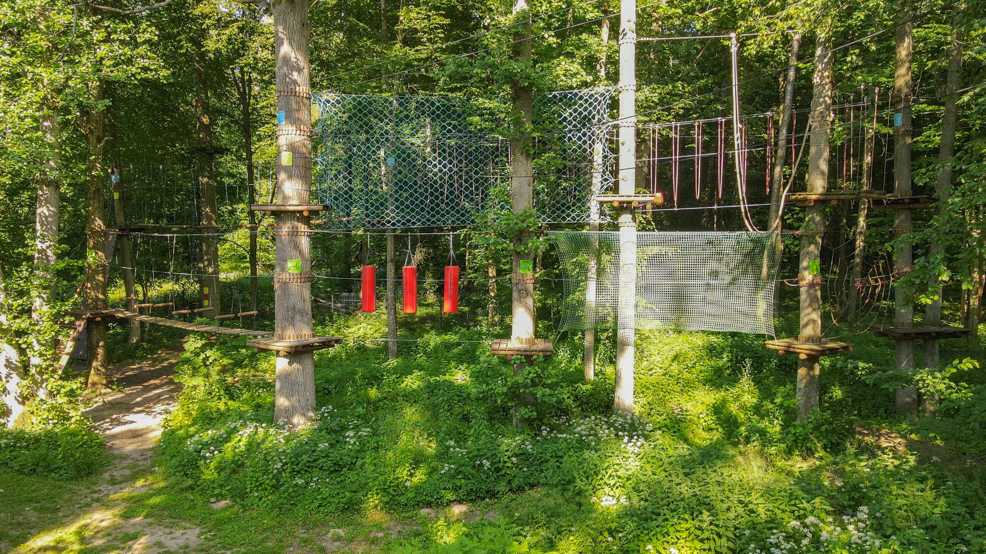 An outdoor obstacle course with rope bridges, wooden platforms, and netted areas surrounded by trees and greenery.