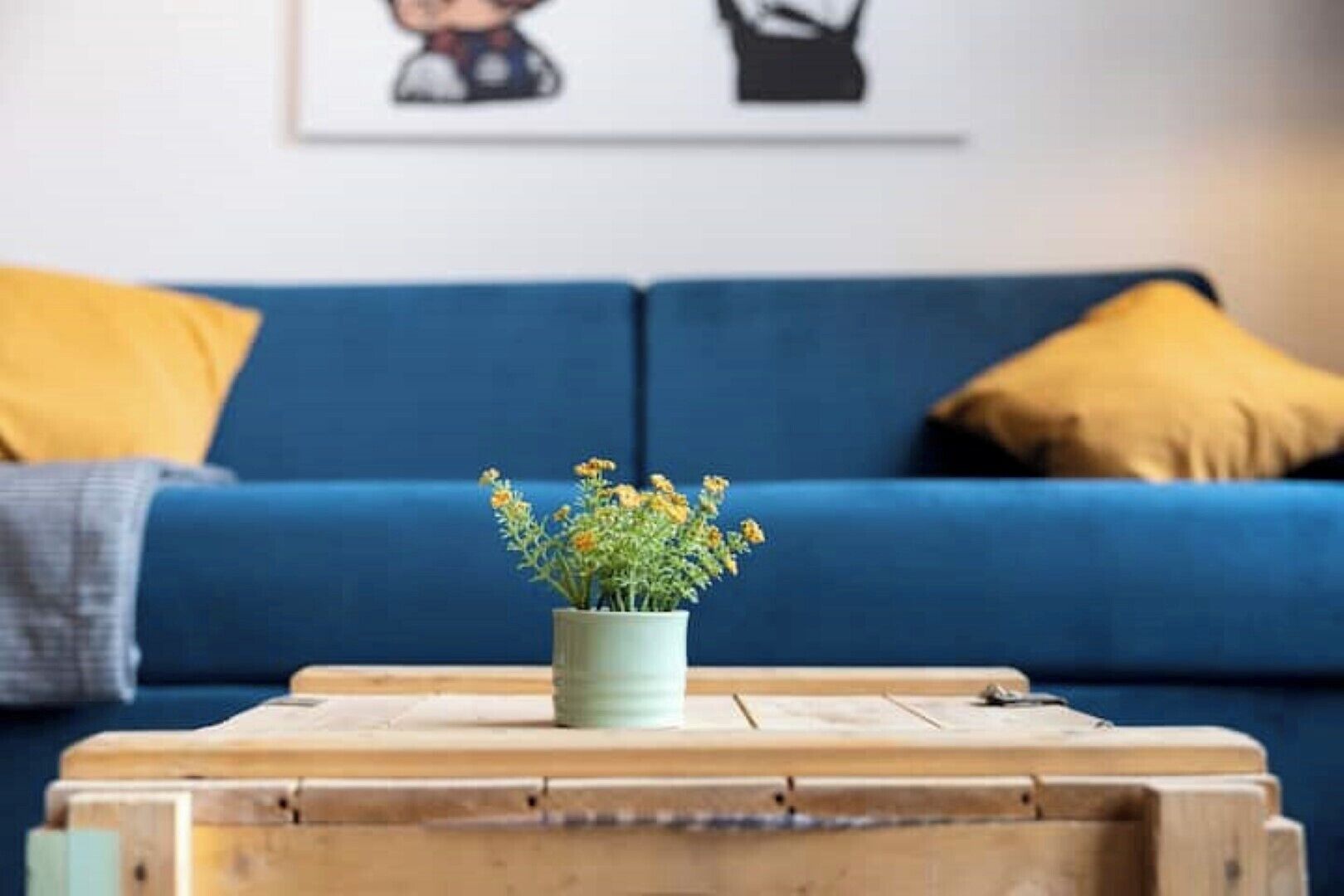 Ein Wohnzimmer mit einem blauen Sofa, gelben Kissen und einem kleinen Tisch mit einer Topfpflanze.