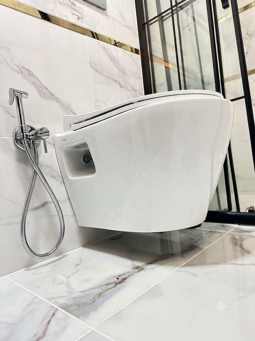 Shower, rainfall showerhead, hair dryer, bathrobes