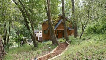 A cabin surrounded by trees, with a deck and a pathway leading to the entrance.
