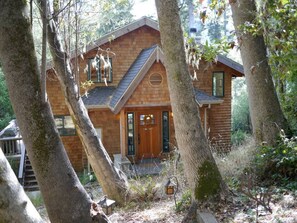 A wooden cabin surrounded by trees. - Forest Getaway Cozy, Inviting Cabin w Deck (Inverness)