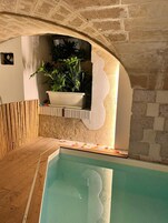 Zona de piscina con muro de piedra, pared de bambú y planta en maceta.