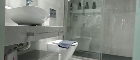 Deluxe Apartment | Bathroom | Shower, hydromassage showerhead, hair dryer, slippers