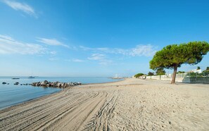 A beach with a clear sky, a sandy shore, a tree, and a distant sailboat.
