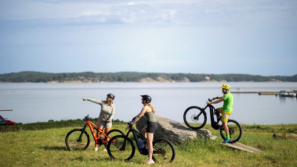 Tres personas en un área verde junto a un lago, con bicicletas.