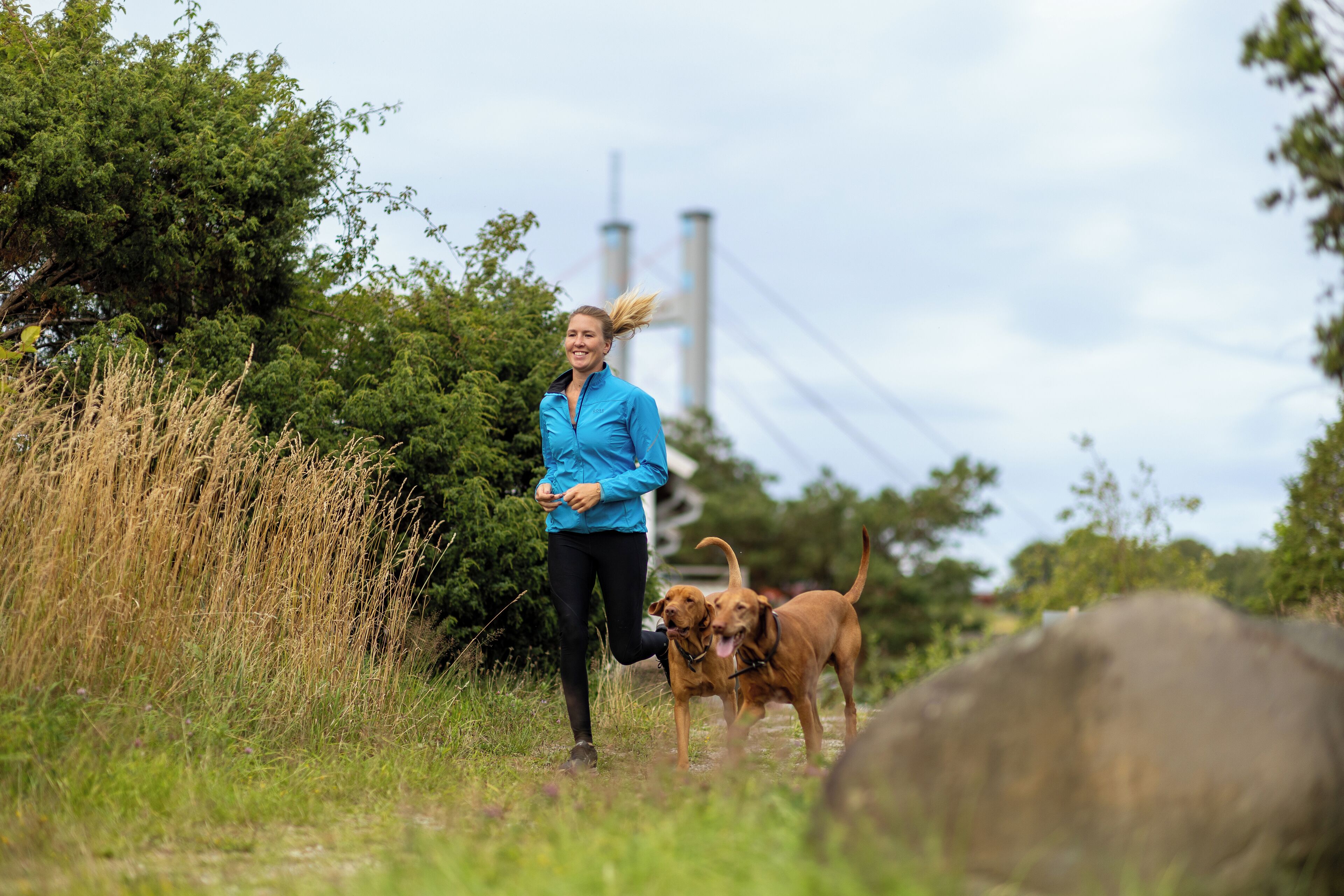 A person jogging with a dog in a natural setting with trees and a bridge in the background.