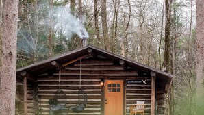 A log cabin with a wooden door, a swing chair, and a chair outside. - Seclude in a Romantic Cabin in an 850 acre Private Forest. (Bernhards Bay)