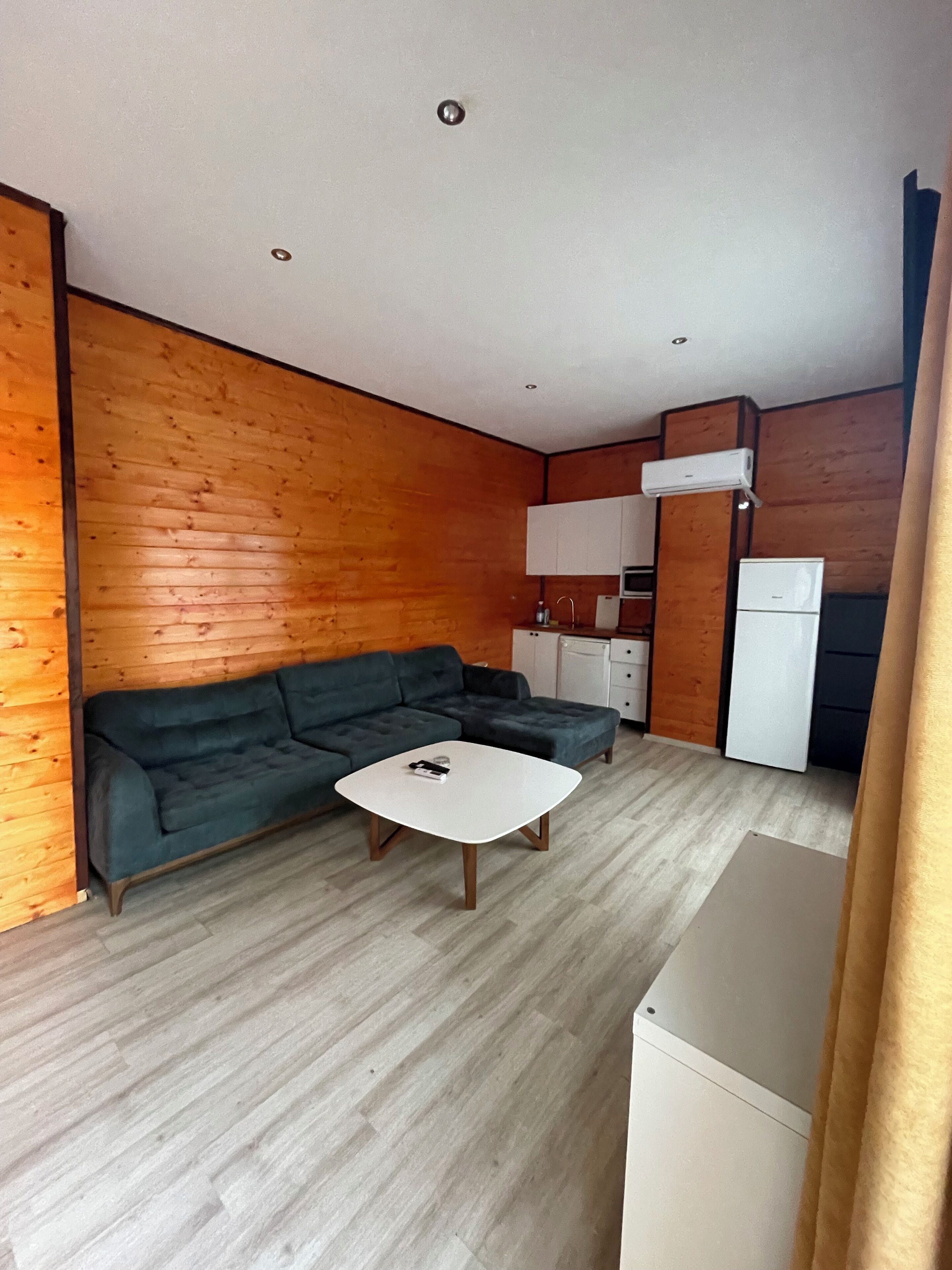 A compact living space with a sofa, a small coffee table, a kitchenette, and a refrigerator.