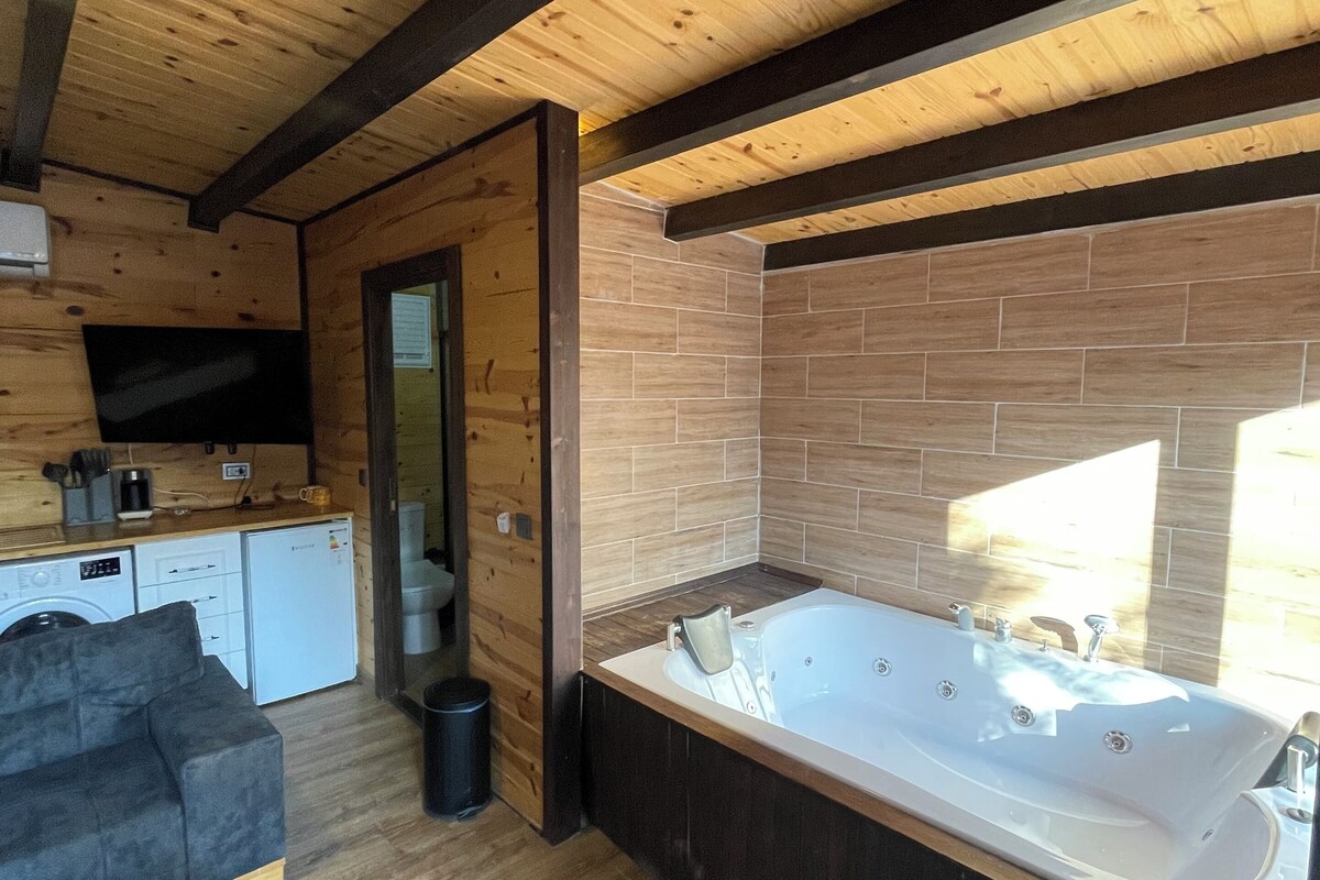 A modern cabin interior with a wooden ceiling, a kitchen area, a living room with a sofa, and a large bathtub.