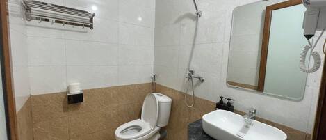 Een badkamer met toilet, wastafel, douche en handdoekhouder.